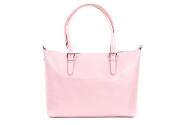 Pembe kadınlar deri aksesuarlar, beyaz arka planda şık bir çanta.