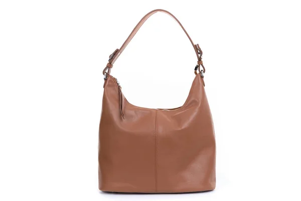 Brown leather bag for woman with handle strap closeup for catalog — Stock Photo, Image