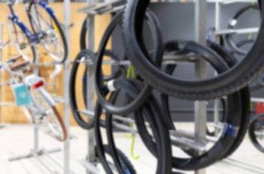 bike shop with a selection of bicycles with large tires, blurred and defocused