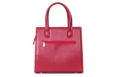 red stylish ladies leather bag on a white background, back view