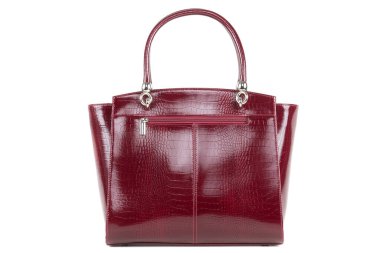 red stylish ladies leather bag on a white background, back view
