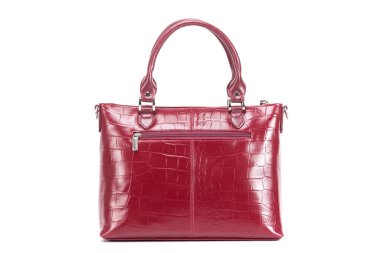 red womens designer handbag on a white background, back view