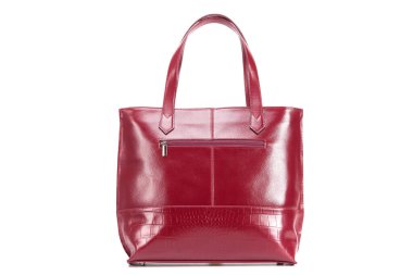 red stylish ladies leather bag on a white background, back view