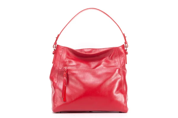 Red stylish ladies leather bag on a white background, back view — Photo