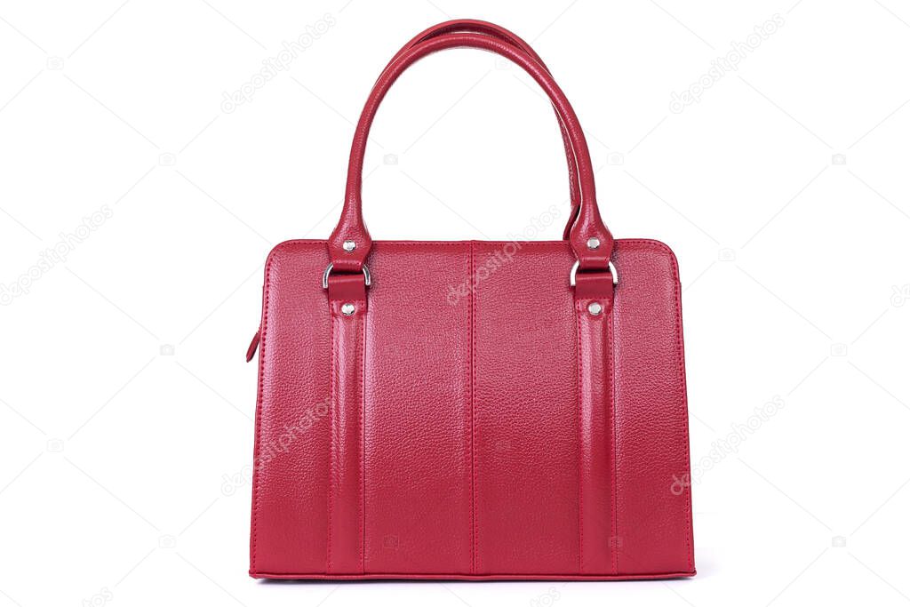 red womens designer handbag on a white background, back view