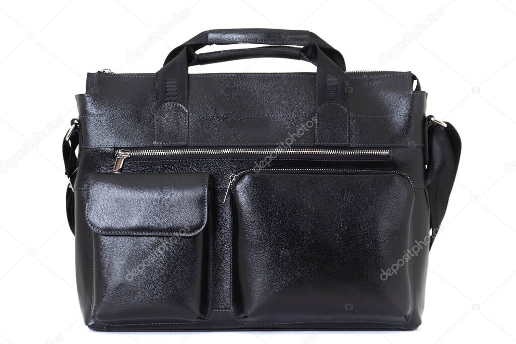classic mens business bag close up on white clean background