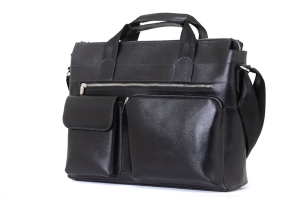 Bolso negro para hombres hecho de cuero genuino de cerca — Foto de Stock