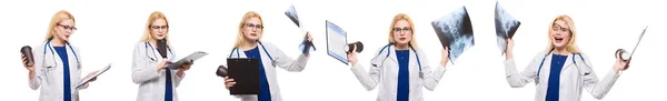 Collage of photo: Woman doctor with stethoscope and clipboard — Fotografia de Stock