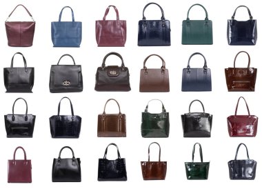 Beyaz izole arkaplanda kadın çantaları koleksiyonu