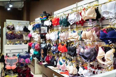 Mağaza vitrininde asılı iç çamaşırları.