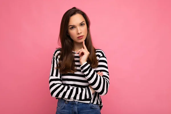 Closeup photo of amazing thoughtful beautiful young woman deep thinking creative female person holding arm on chin wearing stylish outfit isolated on colorful background with copy space — Stock Photo, Image