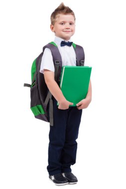 little schoolboy on a white background with a backpack in a busi