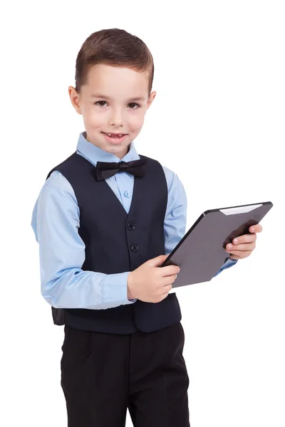 Smiling student in a classic suit holding an electronic tablet — Stock Photo, Image