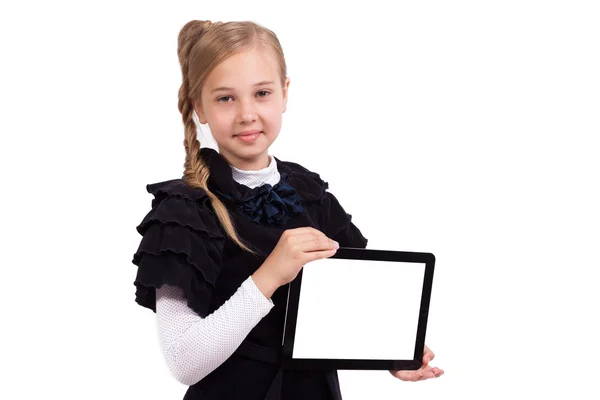 Pequena estudante em um terno de negócios em um fundo branco com — Fotografia de Stock