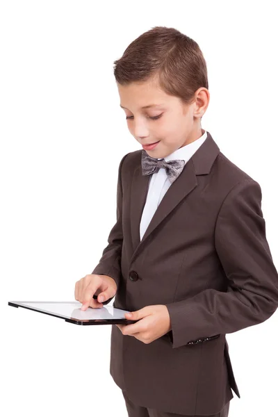 Usměvavý student v klasické vesty drží elektronický tablet — Stock fotografie