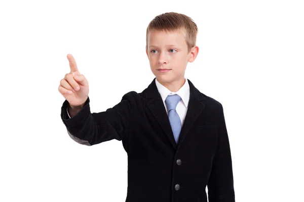 Student in a business suit on a white background working with a — ストック写真