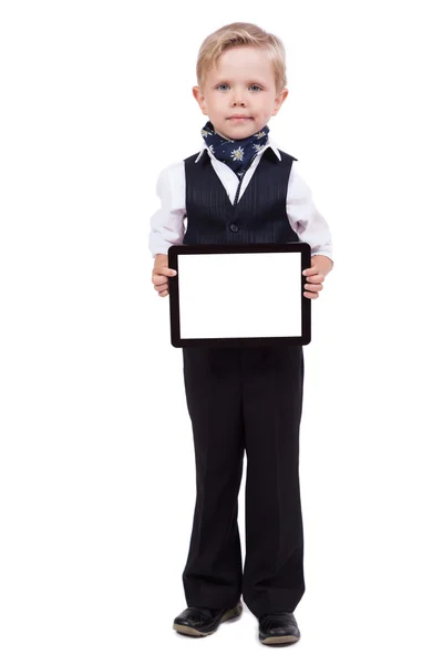 Smiling student in a classic suit holding an electronic tablet — Stock Photo, Image