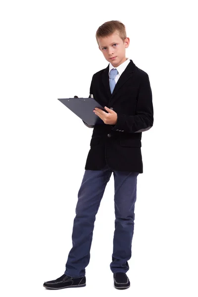 Estudiante en un traje de negocios en un fondo blanco tomando notas en —  Fotos de Stock