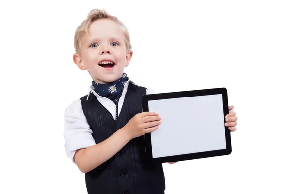 Smiling student in a classic suit holding an electronic tablet — Stock Photo, Image