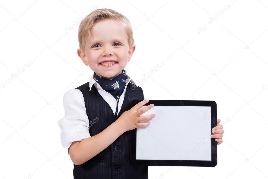 smiling student in a classic suit holding an electronic tablet