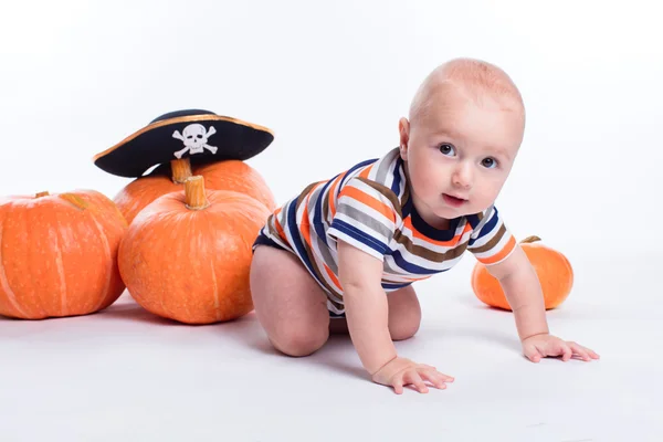 Beautiful baby in a striped shirt on a white background pumpkins — Zdjęcie stockowe