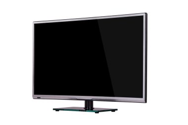 modern thin plasma LCD TV on a silver black glass stand isolated