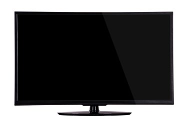 modern slim plasma TV on a black stand isolated on a white backg