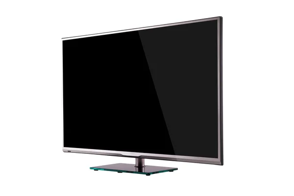 Modern thin plasma LCD TV on a silver black glass stand isolated — Stok fotoğraf