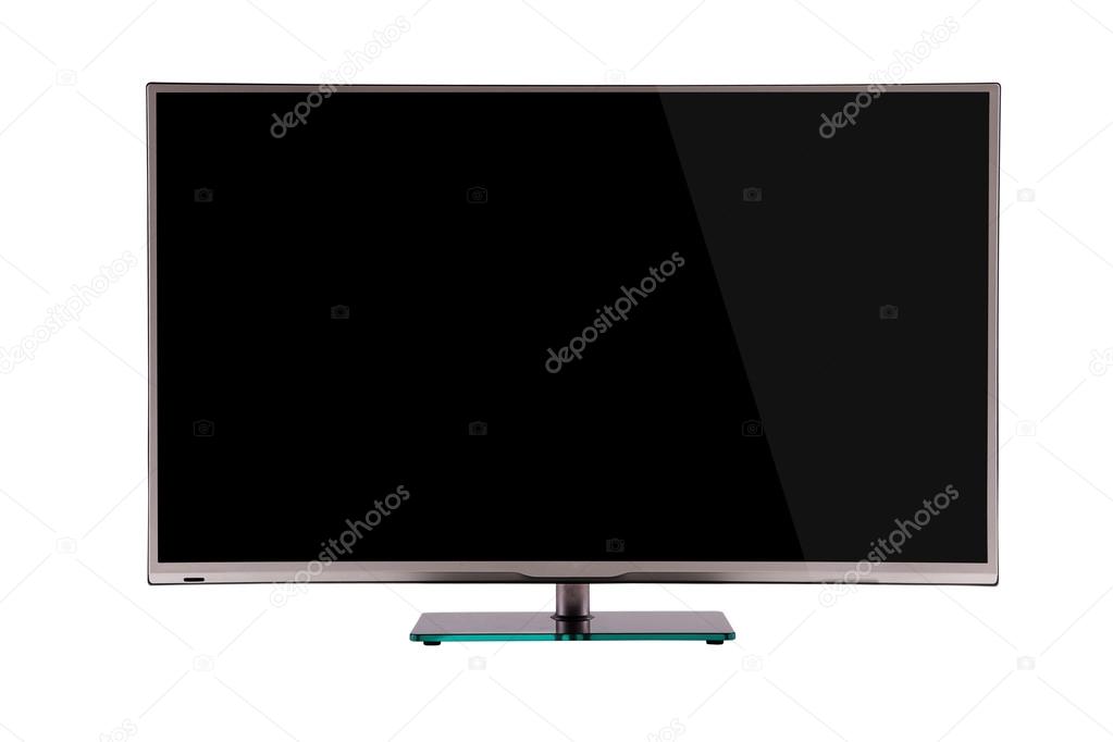 modern thin plasma LCD TV on a silver black glass stand isolated