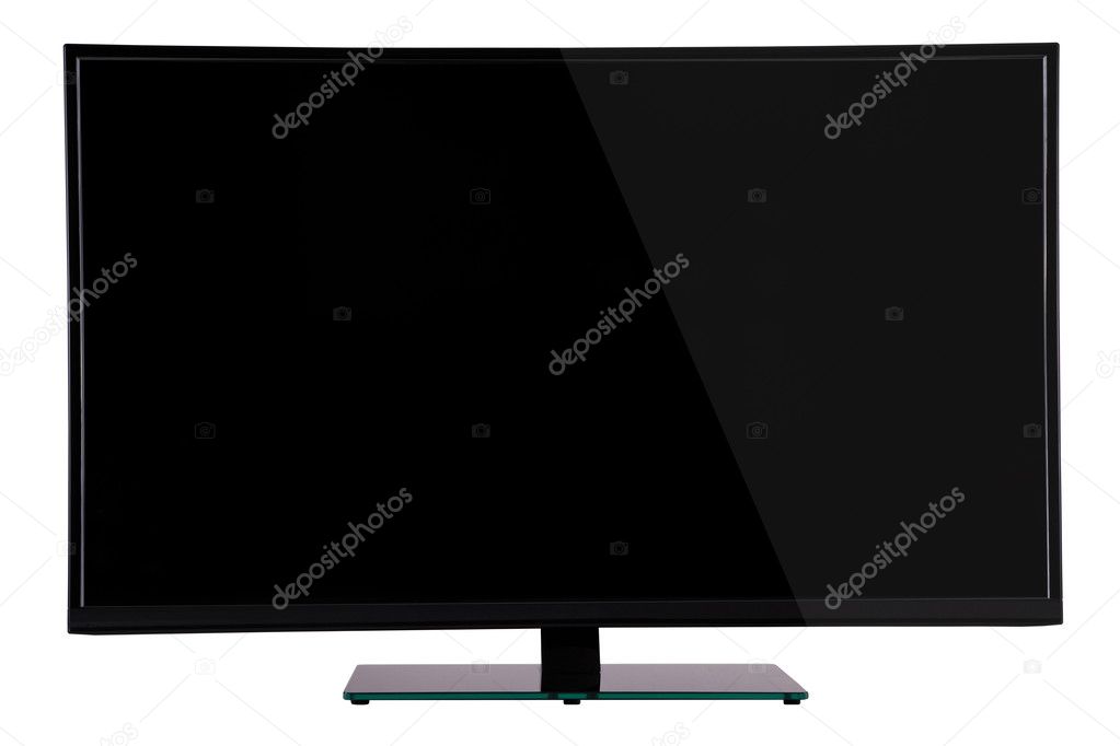 modern slim plasma TV on black glass stand isolated on a white b