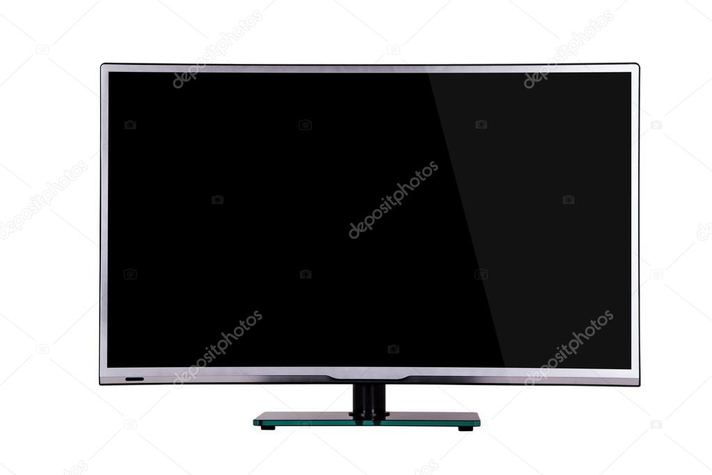 modern thin plasma LCD TV on a silver black glass stand isolated