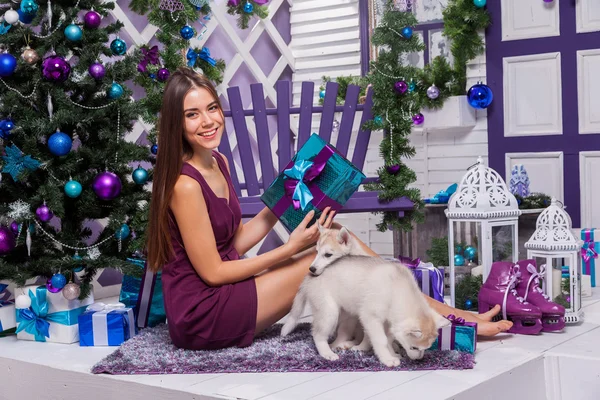 Leggy brunette in a burgundy dress sitting on a purple rug on th — Stok fotoğraf