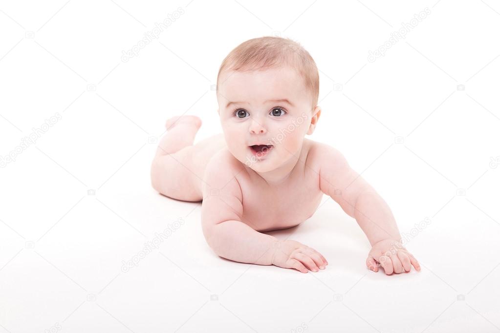 Naked Smiling Baby Lying On His Stomach On A White Background An Stock Photo By Fotoevent Stock