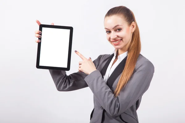 Moderne junge Geschäftsfrau im Business-Anzug auf weißem Rücken — Stockfoto