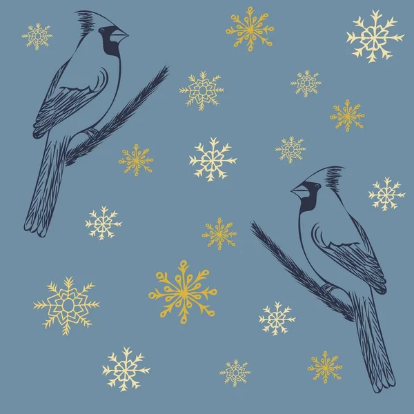 圣诞海报 金色雪花 蓝灰色背景 红鸟的轮廓 圣诞设计 礼品包装 印刷品的涂鸦插图 — 图库照片
