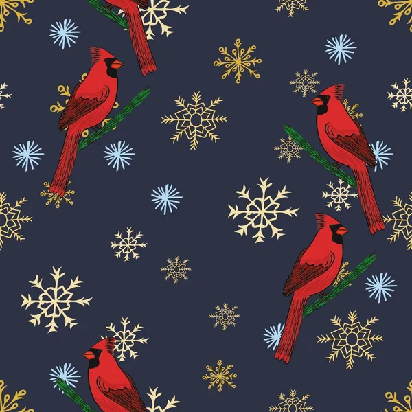 Modèle Sans Couture Noël Avec Des Cardinaux Rouges Oiseaux Flocons — Photo