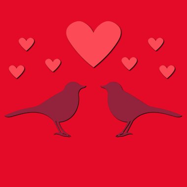 İki sevimli kuş, büyük bir kalp ve küçük kalpler. Sevgililer Günü kartları için kuş ve kalp siluetleri içeren renk çizimi.