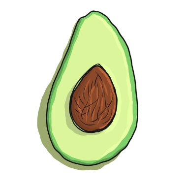 Beyaz arka planda kemik izole edilmiş yarım avokado. Tasarım, poster ve baskı için renkli çizim çizimi.