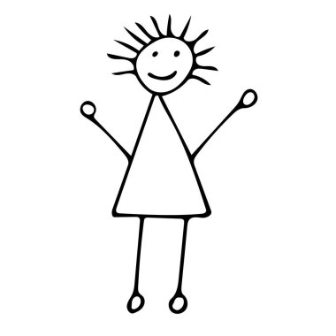 Güneş gibi saçları olan bir kız çocuksu bir şekilde çizilmiş. Tebrik kartları, posterler ve çocuk tasarımı için Doodle çizimi.