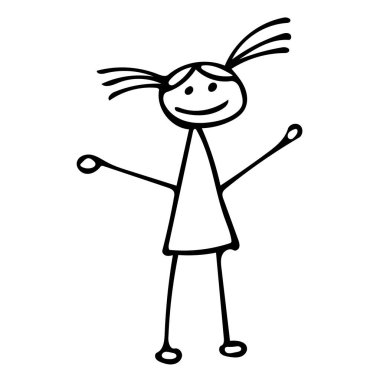 İki at kuyruklu bekar bir kız, çocuksu bir şekilde çizilmiş. Tebrik kartları, posterler ve çocuk tasarımı için Doodle çizimi.