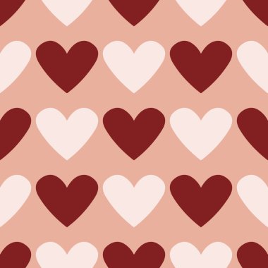 Pembe arka planda beyaz ve kırmızı kalpleri olan kusursuz bir desen. Sevgililer Günü için hoş bir doku, düğün, romantik randevu. Kadın bluzları, çarşaf ve çocuk kıyafetleri için mükemmel bir iz..
