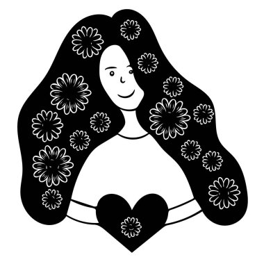Saçında çiçekler ve ellerinde bir kalple gülümseyen sevimli bir kız. Logolar, tebrik kartları, baskılar, sevimli çocuksu tasarımlar için karalama çizimi.
