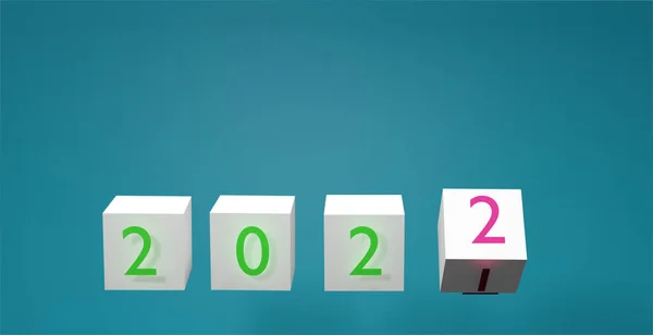 Soyut beyaz küp arkaplanı ile pastel mavi renk harf değişimi konsepti ve yeni yıl hedefi 3D rendeleme.