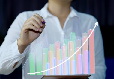 İş kadını kalemini tabletin üzerine doğrultarak iş büyümesi, mali istikrar ve yatırım risk oranı kavramını gösteren grafikler çiziyor..