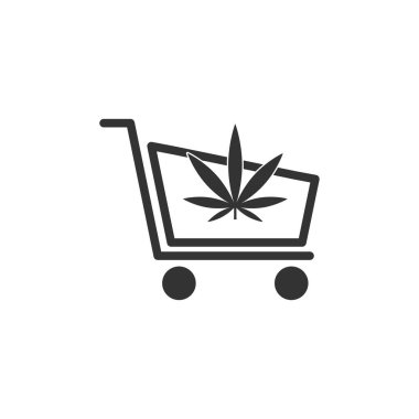 Beyaz arka planda izole edilmiş, alışveriş arabası simgesi olan kenevir yaprağı. Web sitesi tasarımı için modern, basit, vektör, simge satın al, mobil uygulama, ui. Vektör İllüstrasyonu
