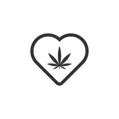 Kalp ikonundaki marihuana yaprağı beyaz arka planda izole edilmiş. Tıbbi marihuana sembolü modern, basit, vektör, web sitesi tasarımı için simge, mobil uygulama, ui. Vektör İllüstrasyonu