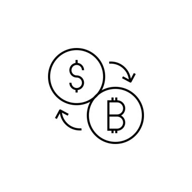 Dolar ve Bitcoin dönüştürme simgesi beyaz arkaplanda izole edildi. Web sitesi tasarımı için modern, basit, vektör, simge değişimi, mobil uygulama, ui. Vektör İllüstrasyonu