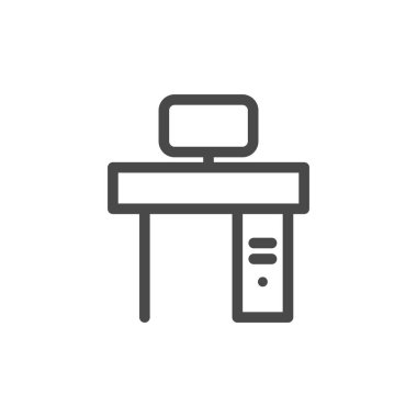 Bilgisayar masası simgesi beyaz arkaplanda izole edildi. İş yeri sembolü modern, basit, vektör, web sitesi tasarımı için simge, mobil uygulama, ui. Vektör İllüstrasyonu