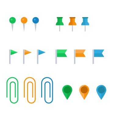düz vektör Icon set pin ve klipleri