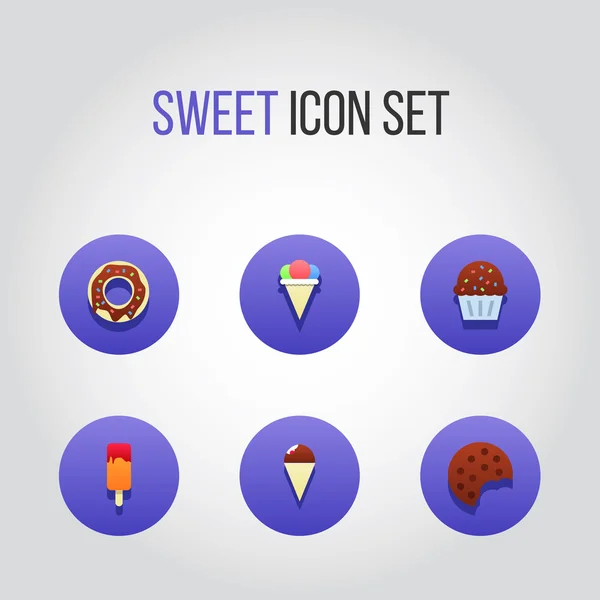 Flaches Icon-Set mit süßem und leckerem Kuchen, Eis und Kuchen — Stockvektor